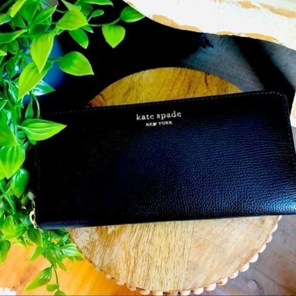 Kate Spade New York Black Crossgrain Leather Slim Continental Zip Wallet NWT